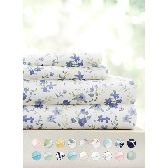 4 Piece Queen Sheet Set - Breathable, Double-Brushed Patterned Cooling Sheets Ultra Soft & Wrinkle-Free 14" Deep-Pocket Easy Care Blossoms Light Blue