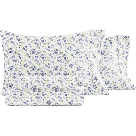 4 Piece Queen Sheet Set - Breathable, Double-Brushed Patterned Cooling Sheets Ultra Soft & Wrinkle-Free 16" Deep-Pocket Queen Sheets - Easy Care Blossoms Light Blue