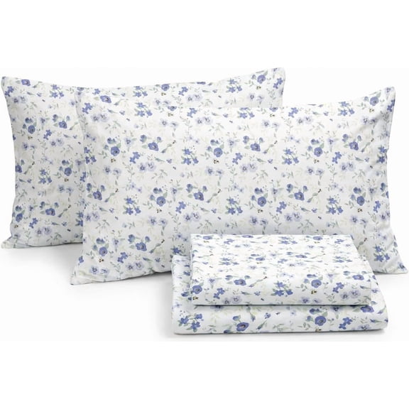 4 Piece Queen Sheet Set - Breathable, Double-Brushed Patterned Cooling Sheets  Ultra Soft & Wrinkle-Free 16" Deep-Pocket Queen Sheets - Easy Care Blossoms Light Blue