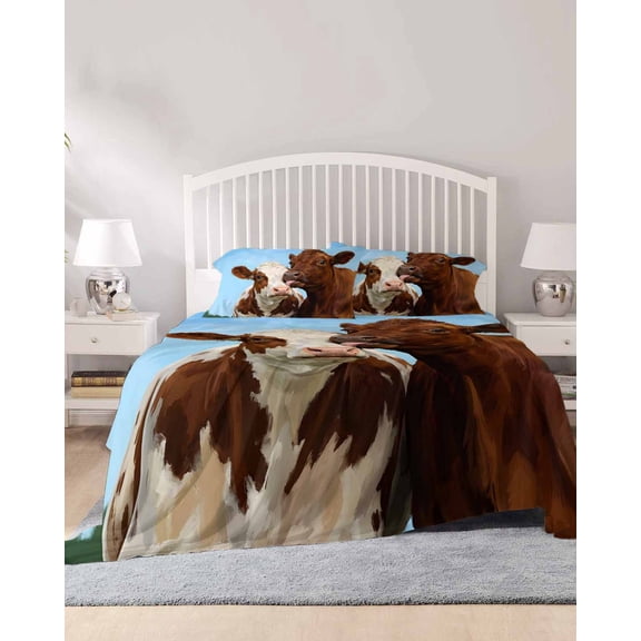 4 Piece Queen Sheet Set Brown Cows Sheets Set for Queen Size Bed, Breathable Soft Microfiber Bed Sheets Cooling Country Elegant Farmhouse Modern Art Fitted Sheet Deep Pocket, Pillowcases