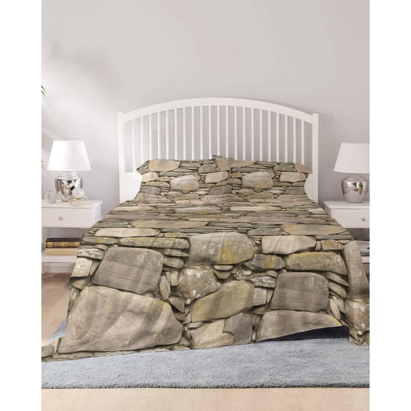 4 Piece Queen Sheet Set Brown Stone Wall Sheets Set for Queen Size Bed, Breathable Soft Microfiber Bed Sheets Cooling Vintage Country Rocks Brick Pattern Fitted Sheet Deep Pocket, Pillowcases