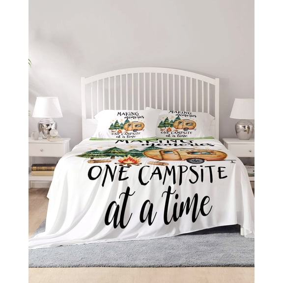 4 Piece Queen Sheet Set Camping Sheets Set for Queen Size Bed, Breathable Soft Microfiber Bed Sheets Cooling Fall Summer Nature Forest Car Tree Moon Fitted Sheet Deep Pocket, Pillowcases
