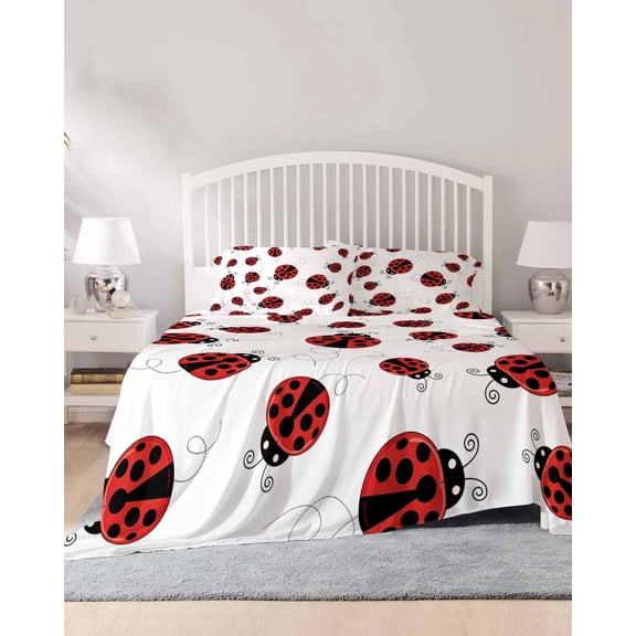4 Piece Queen Sheet Set Cartoon Ladybug Sheets Set for Queen Size Bed, Breathable Soft Microfiber Bed Sheets Cooling Funny Animals Dot Modern Simple Fitted Sheet Deep Pocket, Pillowcases