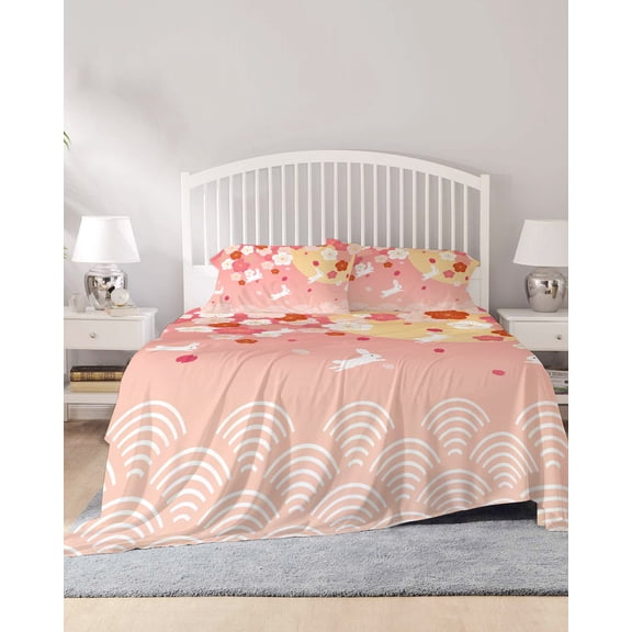 4 Piece Queen Sheet Set Cherry Blossom Sheets Set for Queen Size Bed, Breathable Soft Microfiber Bed Sheets Cooling Japanese Style Rabbit Cute Wave Pink Fitted Sheet Deep Pocket, Pillowcases