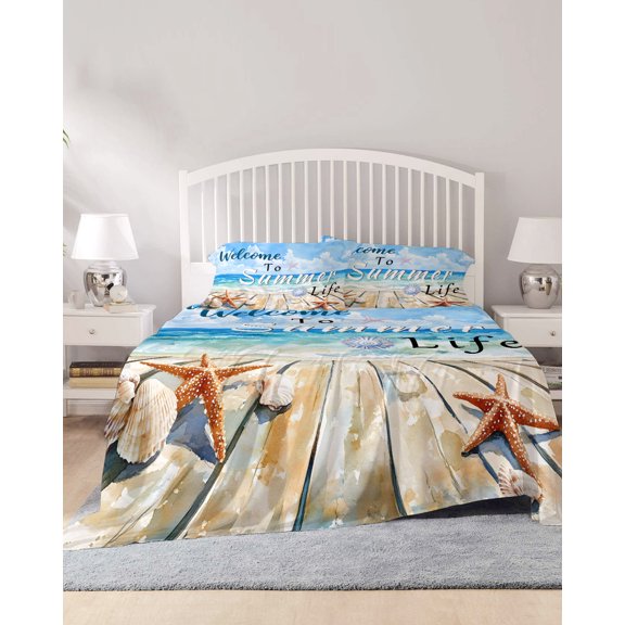 4 Piece Queen Sheet Set Coastal Beach Sheets Set for Queen Size Bed, Breathable Soft Microfiber Bed Sheets Cooling Summer Ocean Wave Starfish Shell Plank Fitted Sheet Deep Pocket, Pillowcases