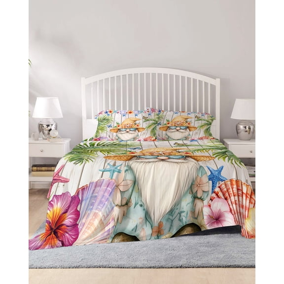 4 Piece Queen Sheet Set Coastal Gnomes Sheets Set for Queen Size Bed, Breathable Soft Microfiber Bed Sheets Cooling Palm Tree Starfish Shell White Wood Fitted Sheet Deep Pocket, Pillowcases