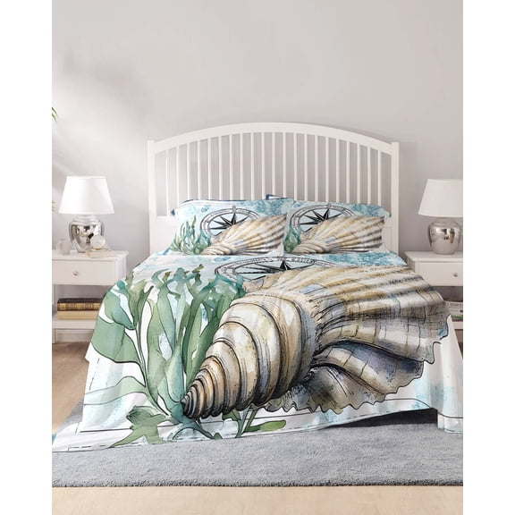 4 Piece Queen Sheet Set Coastal Ocean Sheets Set for Queen Size Bed, Breathable Soft Microfiber Bed Sheets Cooling Summer Nautical Compass Shell Seaweed Fitted Sheet Deep Pocket, Pillowcases