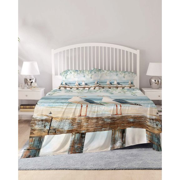 4 Piece Queen Sheet Set Coastal Seagull Sheets Set for Queen Size Bed, Breathable Soft Microfiber Bed Sheets Cooling Spring Summer Eucalyptus Leaves Beach Fitted Sheet Deep Pocket, Pillowcases