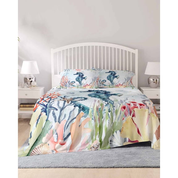4 Piece Queen Sheet Set Coastal Seahorse Sheets Set for Queen Size Bed, Breathable Soft Microfiber Bed Sheets Cooling Marine Coral Turtle Jellyfish Oceans Fitted Sheet Deep Pocket, Pillowcases