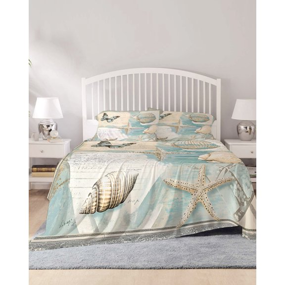 4 Piece Queen Sheet Set Coastal Sheets Set for Queen Size Bed, Breathable Soft Microfiber Bed Sheets Cooling Butterfly Summer Beach Nautical Conch Starfish Fitted Sheet Deep Pocket, Pillowcases