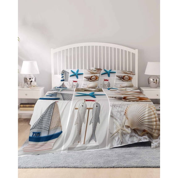 4 Piece Queen Sheet Set Coastal Starfish Sheets Set for Queen Size Bed, Breathable Soft Microfiber Bed Sheets Cooling Beach Lighthouse Conch Shell Ocean Pearl Fitted Sheet Deep Pocket, Pillowcases