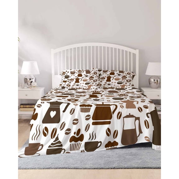 4 Piece Queen Sheet Set Coffee Beans Sheets Set for Queen Size Bed, Breathable Soft Microfiber Bed Sheets Cooling Funny Cartoon Brown Cake Hot Chocolate Cup Fitted Sheet Deep Pocket, Pillowcases