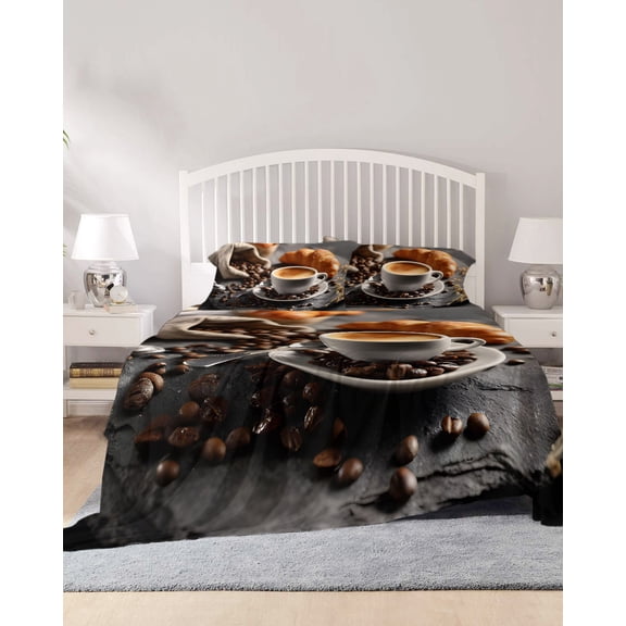 4 Piece Queen Sheet Set Coffee Beans Sheets Set for Queen Size Bed, Breathable Soft Microfiber Bed Sheets Cooling Hot Latte Cup Bread Rustic Cafe Time Fitted Sheet Deep Pocket, Pillowcases