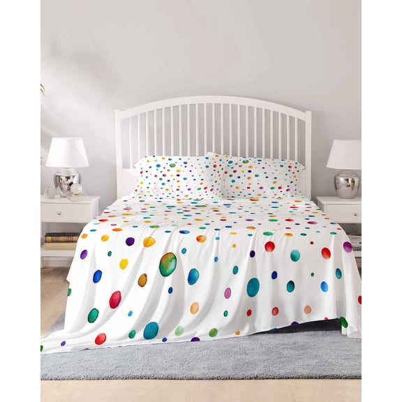 4 Piece Queen Sheet Set Colorful Polka Dot Sheets Set for Queen Size Bed, Breathable Soft Microfiber Bed Sheets Cooling Rainbow Point Vibrant Fitted Sheet Deep Pocket, Pillowcases