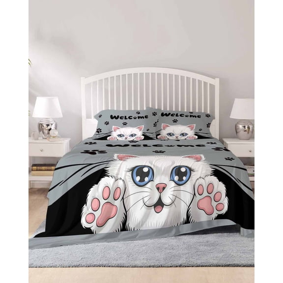 4 Piece Queen Sheet Set Cute Cats Sheets Set for Queen Size Bed, Breathable Soft Microfiber Bed Sheets Cooling Vintage Cat Claws Pets Cartoon Kitten Grey Fitted Sheet Deep Pocket, Pillowcases