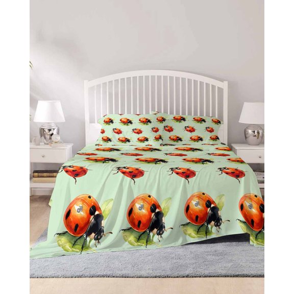 4 Piece Queen Sheet Set Cute Ladybugs Sheets Set for Queen Size Bed, Breathable Soft Microfiber Bed Sheets Cooling Spring Botanical Leaves Green Fitted Sheet Deep Pocket, Pillowcases