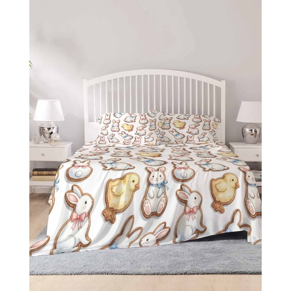 4 Piece Queen Sheet Set Cute Rabbits Chickens Sheets Set for Queen Size Bed, Breathable Soft Microfiber Bed Sheets Cooling Spring Abstract Modern Animals Fitted Sheet Deep Pocket, Pillowcases