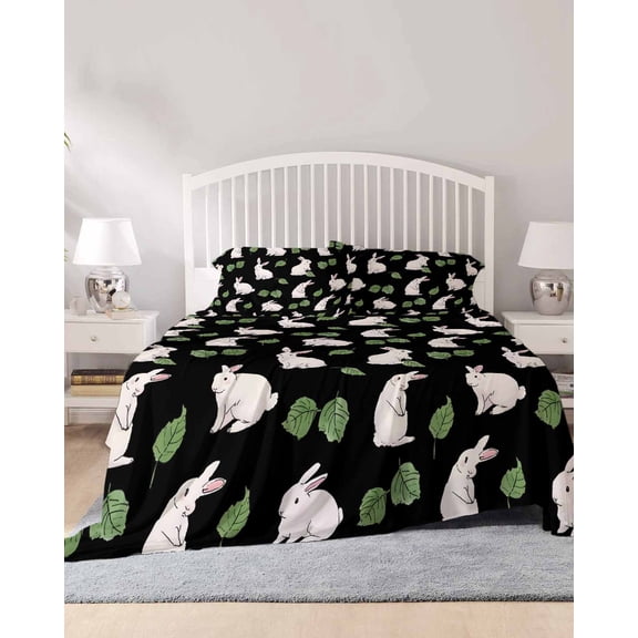 4 Piece Queen Sheet Set Cute Rabbits Sheets Set for Queen Size Bed, Breathable Soft Microfiber Bed Sheets Cooling Country Leaves Plants Cartoon Bunny Black Fitted Sheet Deep Pocket, Pillowcases