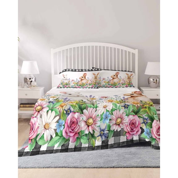 4 Piece Queen Sheet Set Easter Bunny Sheets Set for Queen Size Bed, Breathable Soft Microfiber Bed Sheets Cooling Spring Daisy Flowers Rabbits Buffalo Plaid Fitted Sheet Deep Pocket, Pillowcases