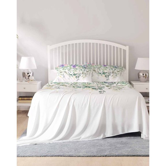 4 Piece Queen Sheet Set Eucalyptus Leaves Sheets Set for Queen Size Bed, Breathable Soft Microfiber Bed Sheets Cooling Sage Green Weeping Summer Botanical Fitted Sheet Deep Pocket, Pillowcases
