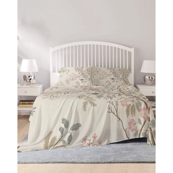 4 Piece Queen Sheet Set Fall Flower Sheets Set for Queen Size Bed, Breathable Soft Microfiber Bed Sheets Cooling Vintage Autumn Bird Floral Tree Leaf Plant Fitted Sheet Deep Pocket, Pillowcases