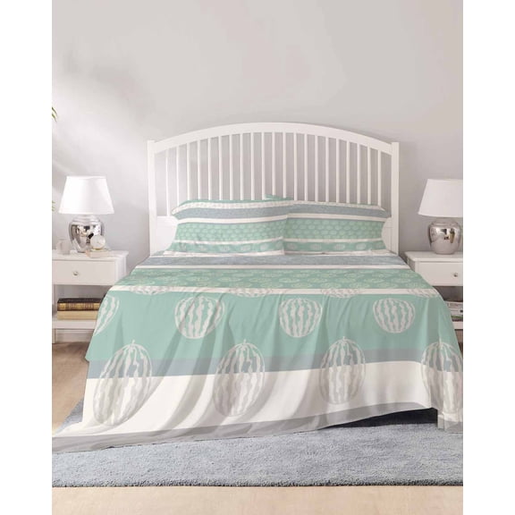 4 Piece Queen Sheet Set Farm Fruits Sheets Set for Queen Size Bed, Breathable Soft Microfiber Bed Sheets Cooling Watermelon Lemons Peach Green Grey Striped Fitted Sheet Deep Pocket, Pillowcases
