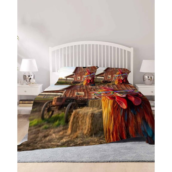 4 Piece Queen Sheet Set Farm Rooster Sheets Set for Queen Size Bed, Breathable Soft Microfiber Bed Sheets Cooling Farmhouse Barn Funny Animals Butterfly Fitted Sheet Deep Pocket, Pillowcases