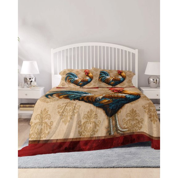 4 Piece Queen Sheet Set Farm Rooster Sheets Set for Queen Size Bed, Breathable Soft Microfiber Bed Sheets Cooling Farmhouse Boho Animals Retro Pattern Fitted Sheet Deep Pocket, Pillowcases