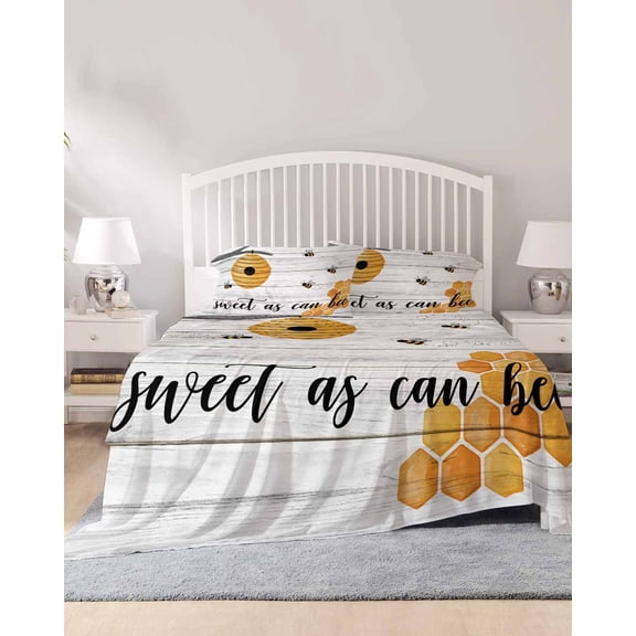 4 Piece Queen Sheet Set Farmhouse Bee Sheets Set for Queen Size Bed, Breathable Soft Microfiber Bed Sheets Cooling Pastoral Country Bee Grey Wooden Fitted Sheet Deep Pocket, Pillowcases