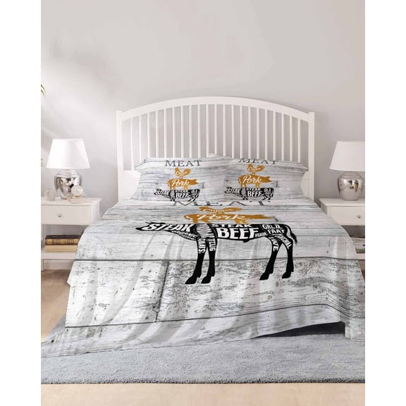 4 Piece Queen Sheet Set Farmhouse Wooden Grain Sheets Set for Queen Size Bed, Breathable Soft Microfiber Bed Sheets Cooling Vintage Shabby Chic Cow Pig Chicken Fitted Sheet Deep Pocket, Pillowcases