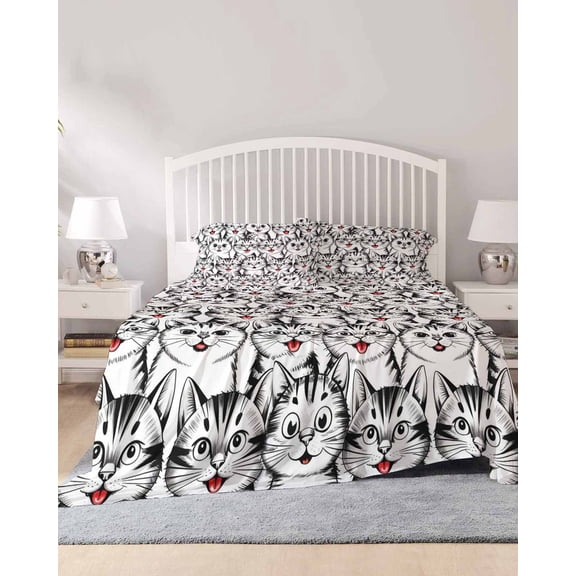 4 Piece Queen Sheet Set Funny Cat Sheets Set for Queen Size Bed, Breathable Soft Microfiber Bed Sheets Cooling Abstract Cartoon Cute Animals Printed Fitted Sheet Deep Pocket, Pillowcases