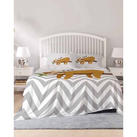 4 Piece Queen Sheet Set Funny Sloth Sheets Set for Queen Size Bed, Breathable Soft Microfiber Bed Sheets Cooling Cute Watercolor Animals on Branch Grey Stripe Fitted Sheet Deep Pocket, Pillowcases