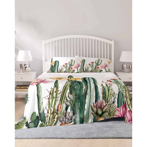 4 Piece Queen Sheet Set Green Cactus Sheets Set for Queen Size Bed, Breathable Soft Microfiber Bed Sheets Cooling Spring Floral Watercolor Botanical Fitted Sheet Deep Pocket, Pillowcases