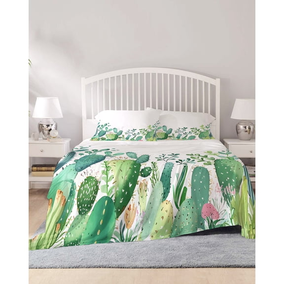 4 Piece Queen Sheet Set Green Cactus Sheets Set for Queen Size Bed, Breathable Soft Microfiber Bed Sheets Cooling Summer Tropical Botanical Fitted Sheet Deep Pocket, Pillowcases