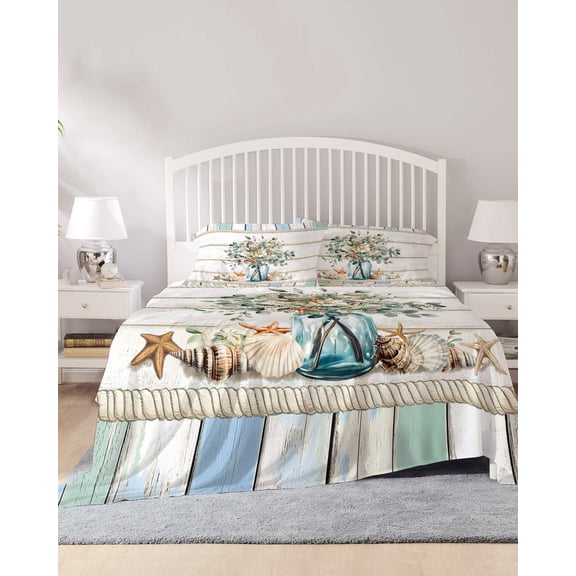 4 Piece Queen Sheet Set Green Eucalyptus Sheets Set for Queen Size Bed, Breathable Soft Microfiber Bed Sheets Cooling Botanical Floral Starfish in Vase Fitted Sheet Deep Pocket, Pillowcases