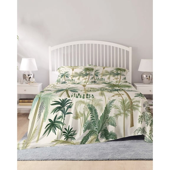 4 Piece Queen Sheet Set Green Palm Trees Sheets Set for Queen Size Bed, Breathable Soft Microfiber Bed Sheets Cooling Tropical Summer Botanical Fitted Sheet Deep Pocket, Pillowcases