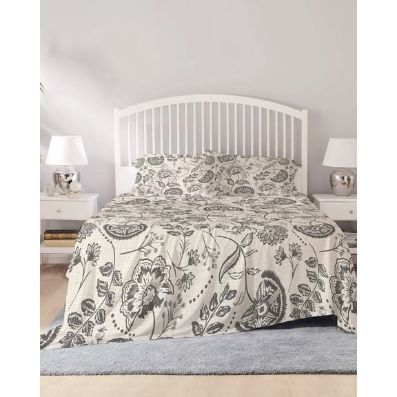 4 Piece Queen Sheet Set Grey Paisley Sheets Set for Queen Size Bed, Breathable Soft Microfiber Bed Sheets Cooling Boho Flower Botanical Leaf Branch Fitted Sheet Deep Pocket, Pillowcases