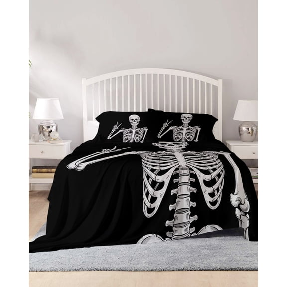 4 Piece Queen Sheet Set Halloween Funny Skull Sheets Set for Queen Size Bed, Breathable Soft Microfiber Bed Sheets Cooling Scary Skeleton Abstract Black Fitted Sheet Deep Pocket, Pillowcases