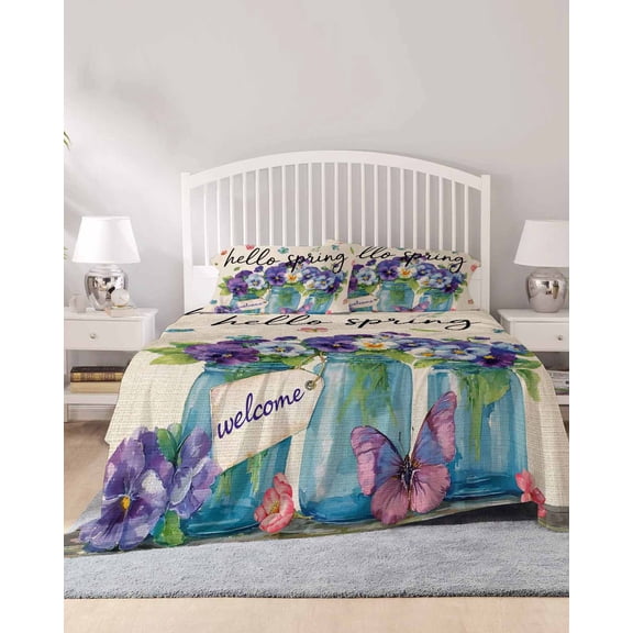 4 Piece Queen Sheet Set Hello Spring Sheets Set for Queen Size Bed, Breathable Soft Microfiber Bed Sheets Cooling Pastoral Purple Bottle Floral Rustic Burlap Fitted Sheet Deep Pocket, Pillowcases