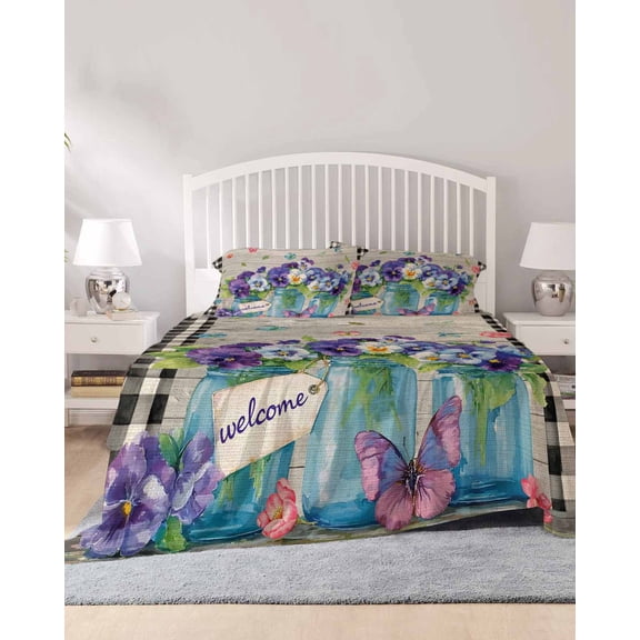4 Piece Queen Sheet Set Hello Spring Sheets Set for Queen Size Bed, Breathable Soft Microfiber Bed Sheets Cooling Pastoral Purple Bottle Floral Wooden Plaid Fitted Sheet Deep Pocket, Pillowcases