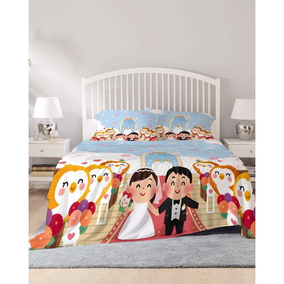 4 Piece Queen Sheet Set Japanese Wedding Sheets Set for Queen Size Bed, Breathable Soft Microfiber Bed Sheets Cooling Cute Owls Cherry Blossoms Blue Fitted Sheet Deep Pocket, Pillowcases