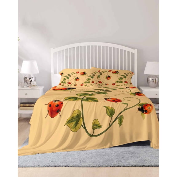 4 Piece Queen Sheet Set Ladybugs Eucalyptus Sheets Set for Queen Size Bed, Breathable Soft Microfiber Bed Sheets Cooling Spring Botanical Leaves Yellow Fitted Sheet Deep Pocket, Pillowcases