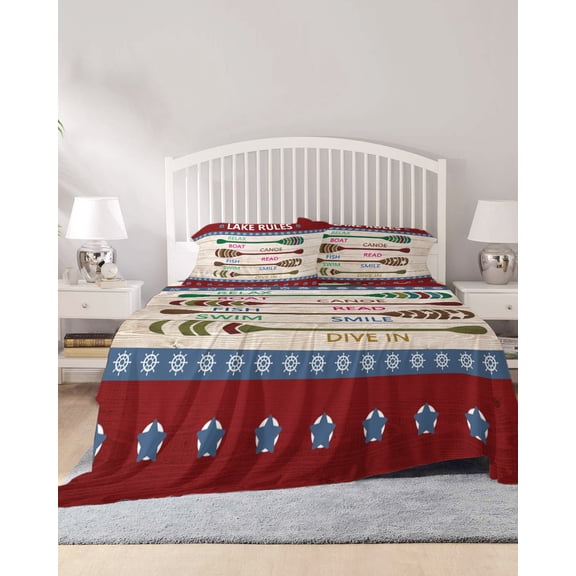 4 Piece Queen Sheet Set Lake Rules Sheets Set for Queen Size Bed, Breathable Soft Microfiber Bed Sheets Cooling Red Green Brown Paddle Striped Rudder Wooden Fitted Sheet Deep Pocket, Pillowcases