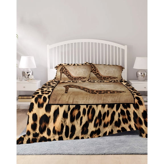 4 Piece Queen Sheet Set Leopard Print Sheets Set for Queen Size Bed, Breathable Soft Microfiber Bed Sheets Cooling Vintage Rustic High Heels Animal Texture Fitted Sheet Deep Pocket, Pillowcases