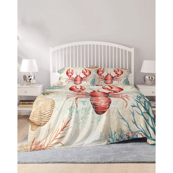 4 Piece Queen Sheet Set Lobster Coastal Sheets Set for Queen Size Bed, Breathable Soft Microfiber Bed Sheets Cooling Nautical Beach Coral Shell Ocean Retro Fitted Sheet Deep Pocket, Pillowcases