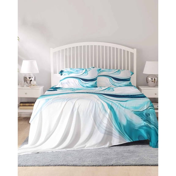 4 Piece Queen Sheet Set Marble Ripple Sheets Set for Queen Size Bed, Breathable Soft Microfiber Bed Sheets Cooling Blue White Marble Lines Abstract Art Fitted Sheet Deep Pocket, Pillowcases