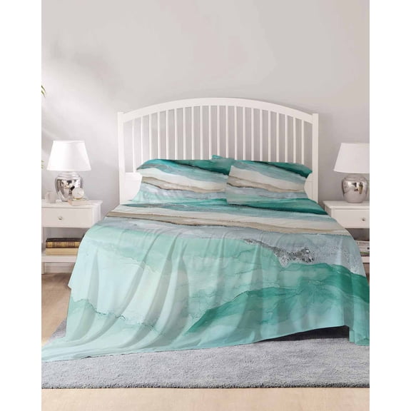 4 Piece Queen Sheet Set Marble Turquoise Sheets Set for Queen Size Bed, Breathable Soft Microfiber Bed Sheets Cooling Country Ombre Brown Nature Cracks Fitted Sheet Deep Pocket, Pillowcases