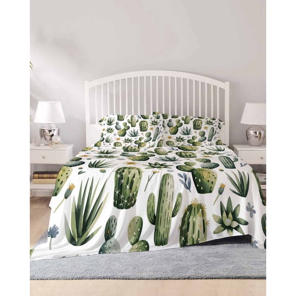 4 Piece Queen Sheet Set Modern Cactus Sheets Set for Queen Size Bed, Breathable Soft Microfiber Bed Sheets Cooling Spring Watercolor Country Green Plant Fitted Sheet Deep Pocket, Pillowcases