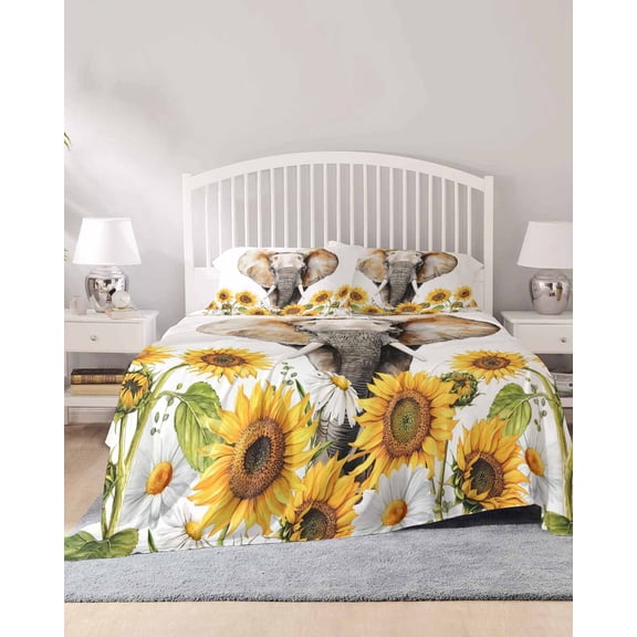 4 Piece Queen Sheet Set Modern Elephants Sheets Set for Queen Size Bed, Breathable Soft Microfiber Bed Sheets Cooling Spring Summer Watercolor Sunflowers Daisy Fitted Sheet Deep Pocket, Pillowcases