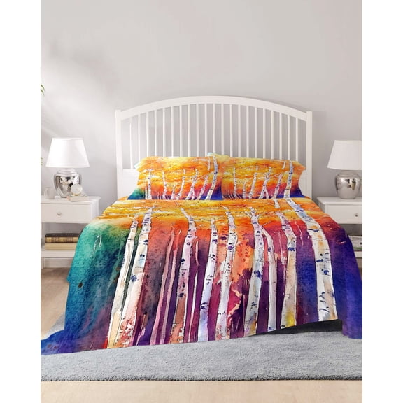 4 Piece Queen Sheet Set Modern Forest Sheets Set for Queen Size Bed, Breathable Soft Microfiber Bed Sheets Cooling Abstract Colorful Tree Beanch Leaf Fitted Sheet Deep Pocket, Pillowcases